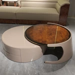 Nested Circular Coffee Table with Cream Glossy Body and Amber Burl Wood Top